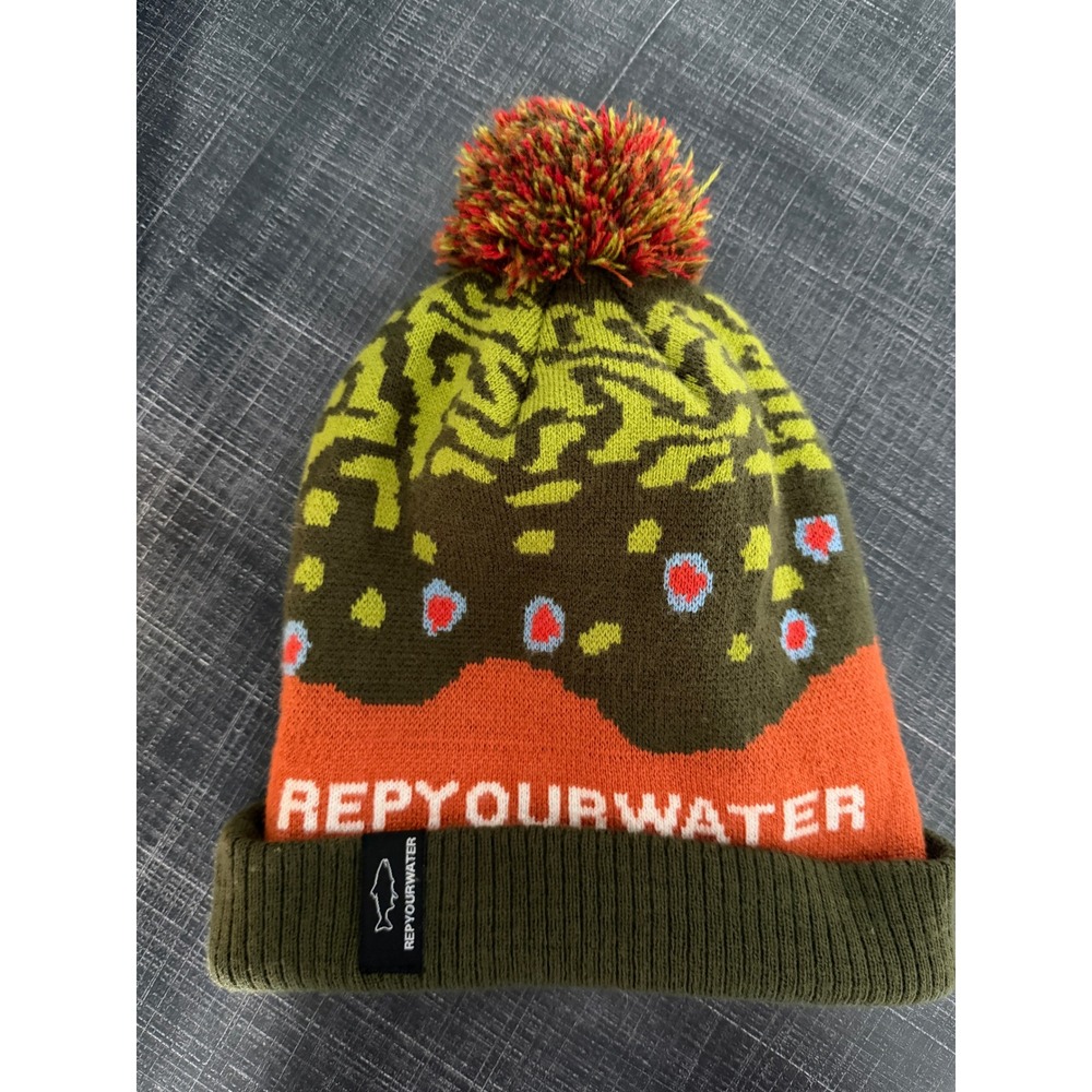 RepYourWater Brook Trout Beanie Hat Mens Olive Orange Pom Cuffed Knit Cap